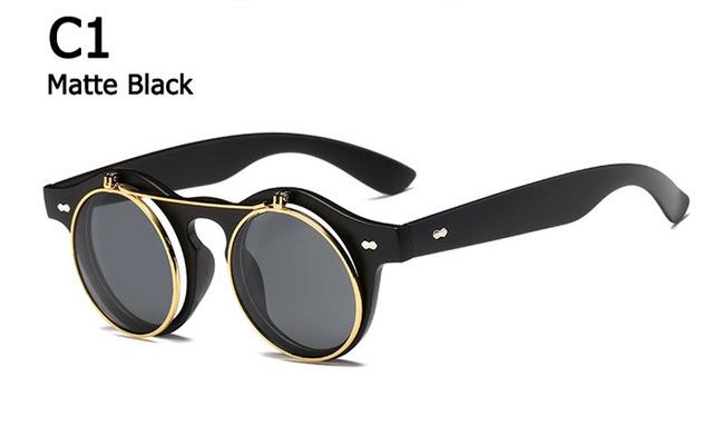 Metal Flip Cover Sunglasses Men Retro Round Steampunk