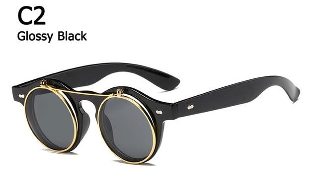 Metal Flip Cover Sunglasses Men Retro Round Steampunk