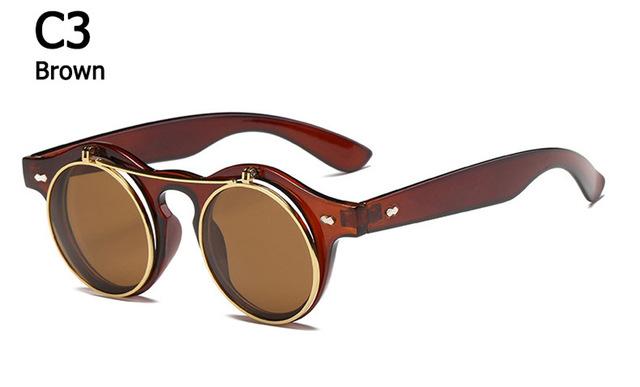 Metal Flip Cover Sunglasses Men Retro Round Steampunk